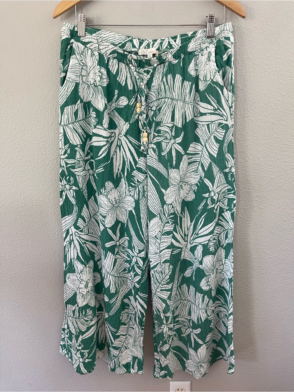 C&C California Wide-Leg Pants Green/White Tropical Floral Drawstring Beads XL